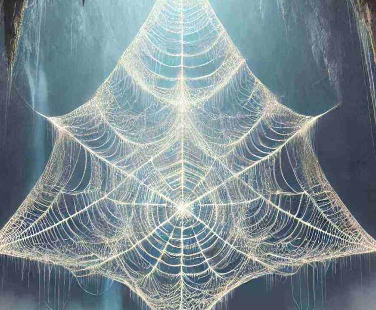A web chandelier found deep inside a triangular cave near a waterfall, illuminated by soft light.