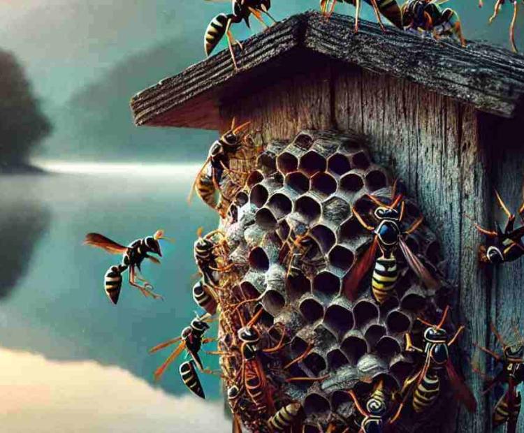 A wasp nest found attached to a lake utility box, with wasps actively flying around their home.