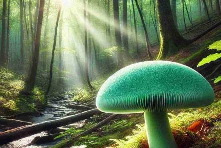 A mint-green mushroom spotted in the Blue Ridge Mountains, glowing softly in the shade.